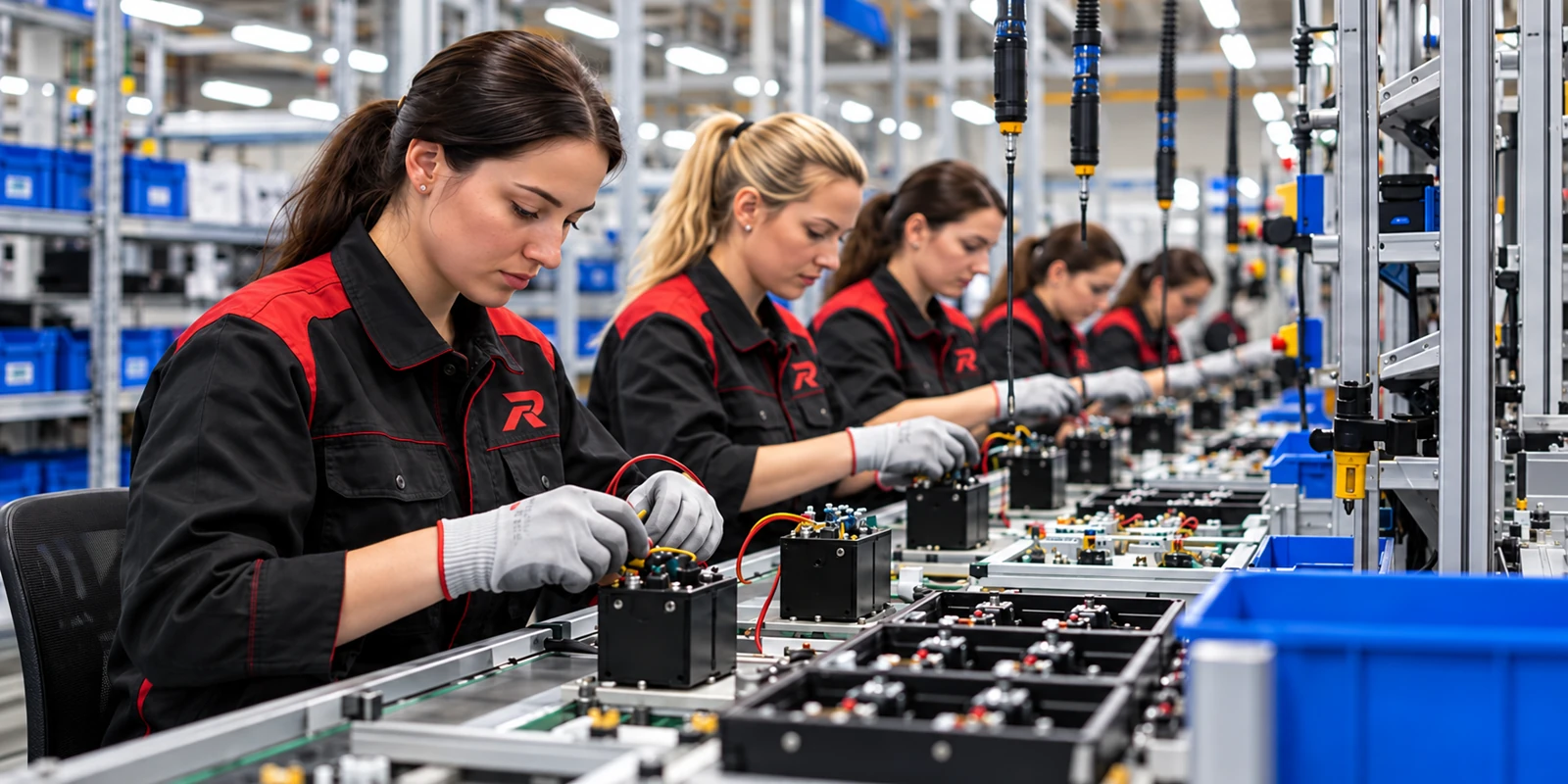 Женщины в фирменной форме работают на сборочной линии